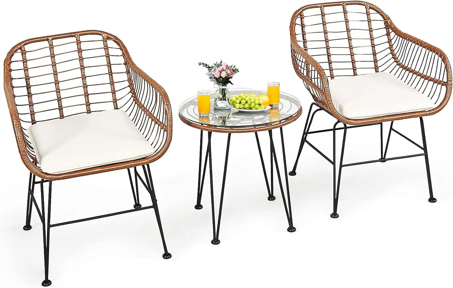 3-teiliges Patio-Gesprächs-Bistro-Set, Korb möbel im Freien mit rundem, gehärtetem Tisch und 2 Rattan sesseln (bräunlich gelb)