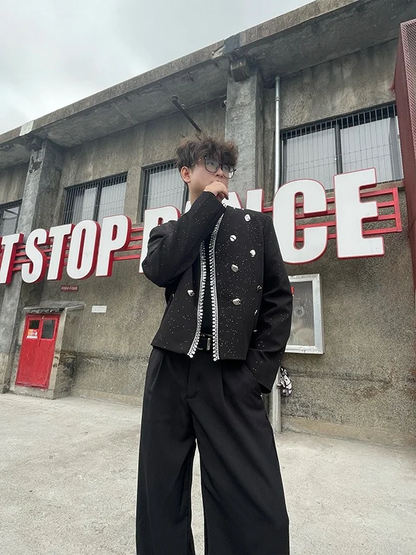 

TANGZ Studio Men's Fashion Short Shoulder Pad Suit Jacket Sparkling Star Pattern Casual Loose Fit Long Sleeve Autumn Coat