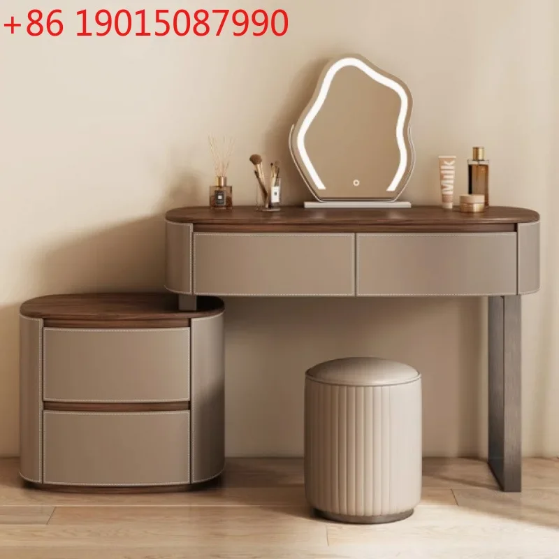 

New saddle leather solid wood dresser bedside table light luxury simple modern chest integrated small makeup table