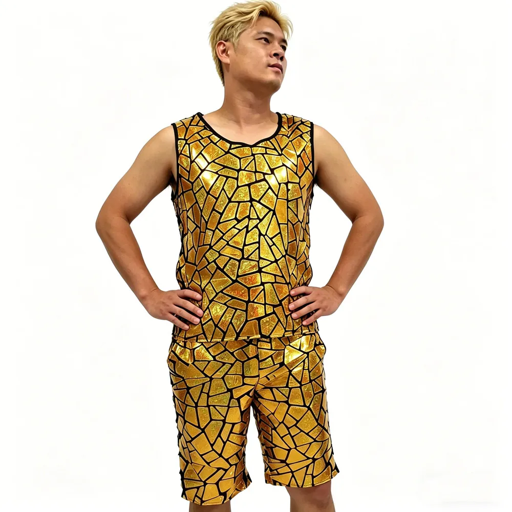 

Gold Silver Laser Mirror Vest Shorts Men's Set Bar Nightclub Dance Team Performance Costume Carnival Halloween Party Outfits