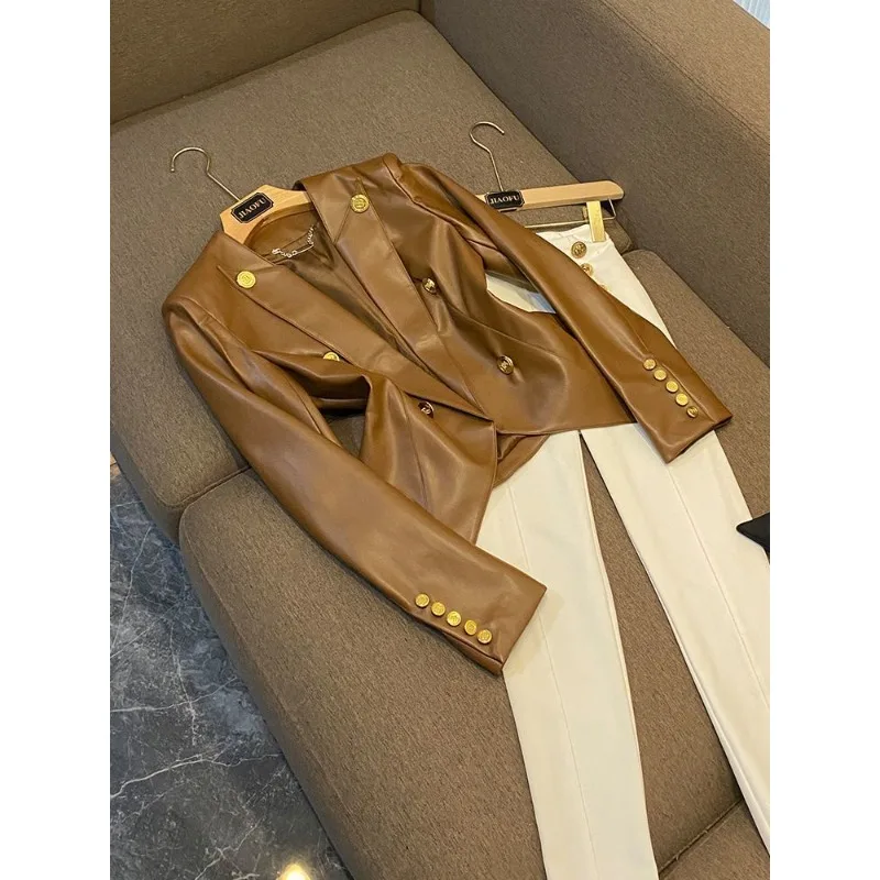 trendy Women's Clothing Faux Leather Coat Black Metal Double-breasted Slim No-wash Leather Suit Top Jacket Coat Women Jackets