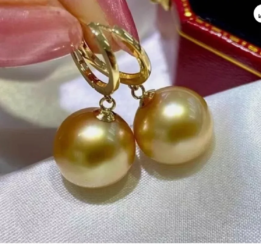 

HUGE AAAA 11-12MM SOUTH SEA GOLDEN ROUND PEARLS EARRINGS 925s