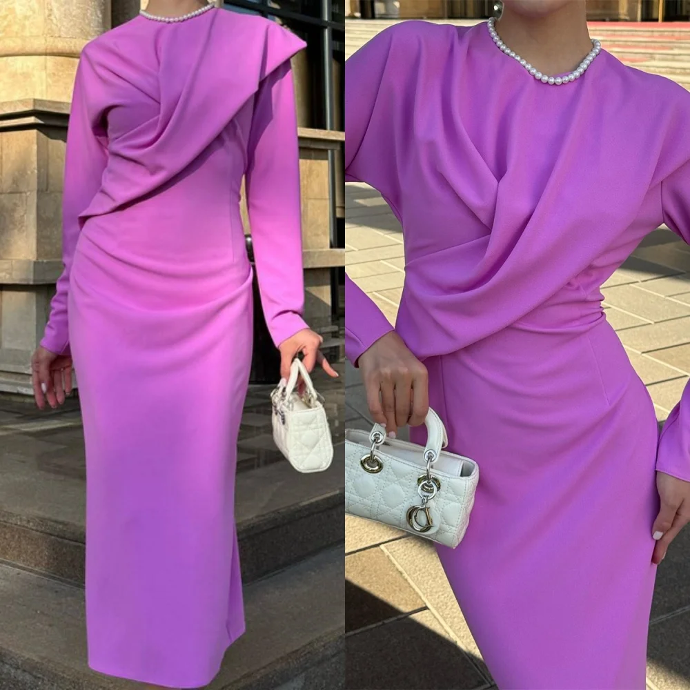 Gaun Malam Jersey Ungu Fashion Putri Duyung Kustom Gaun Homecoming Lengan Panjang Leher-o Klasik Gaun Homecoming Modern Vestido De Festa