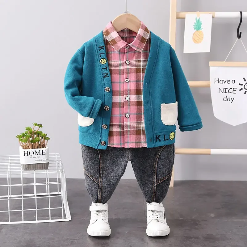 New Boys Spring Autumn 3pcs/Set Clothing Kids Boys Causal Button Letter Tracksuit Children Coat Shirt Pants Sport Clothing Kids