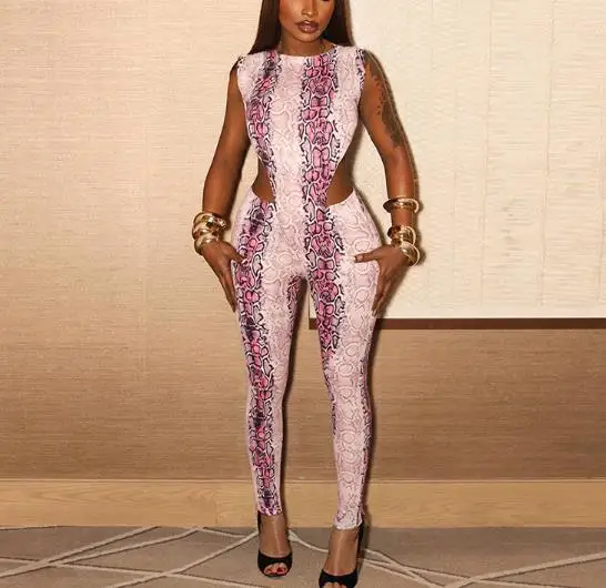 Fashionable Snake Print Inverted Triangle Sleeveless Jumpsuit and Tight Pants Set for Summer Women's Personality 2-Piece Set