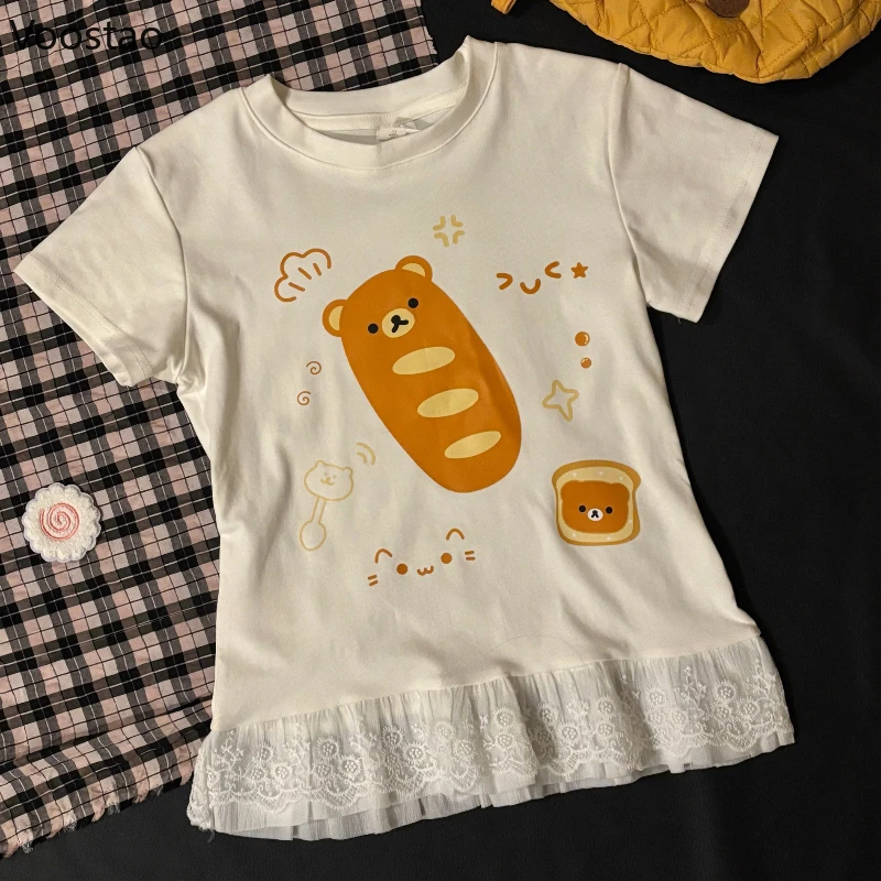 

Японские милые футболки в стиле Лолиты, женские милые топы с короткими рукавами и принтом медведя в стиле Харадзюку, эстетические повседневные кружевные футболки с оборками Y2k