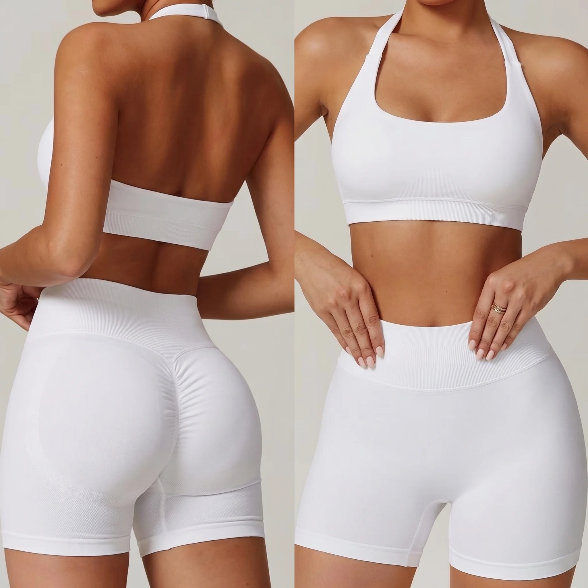 Women's Seamless 2-Piece Yoga Suit Halter Neck Sports Bra with Matching Shorts Suit Fitness Gym Set Workout Outfit