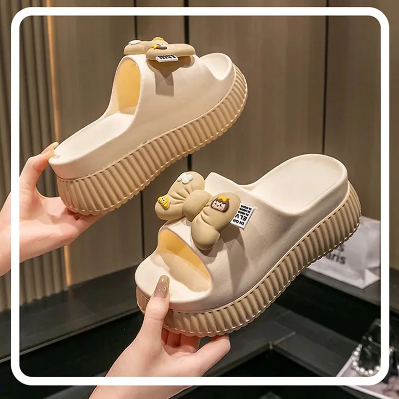 Cool slippers women's summer thick-soled outer wear fashion bow cute cartoon women's high-heeled slippers home cool slippers