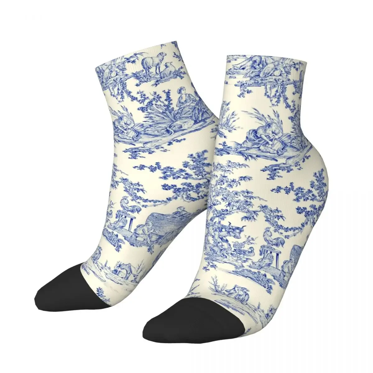 Traditional Navy Blue French Toile De Jouy Motif Pattern Men's Crew Socks Unisex Fun 3D Print Dress 