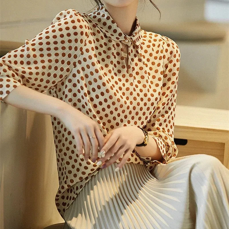 Spring Autumn New Stand Collar Long Sleeve Blouse Women High Street Polka Dot Printing Button Pullovers Elegant All-match Tops