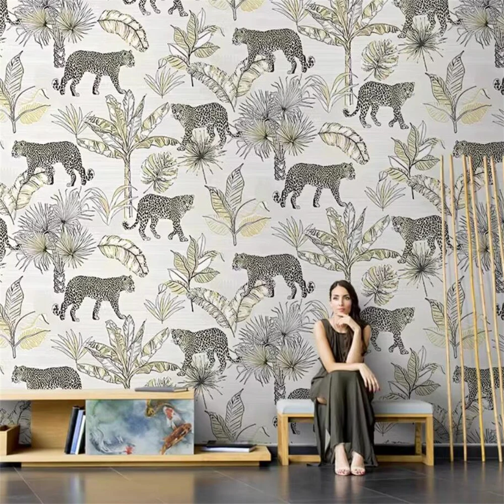 Custom Southeast Asia art tiger monkey wallpaper tropical restaurant mural background 3D rainforest plant wall paper living room