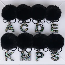 Black furry pompoms Initial Sequin letter Keychain  Girl Perfect Gift Adds Sparkle to Bags & Car Interiors