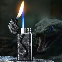 Metal three-dimensional relief snake king lighter windproof dual fire conversion jet inflatable butane lighter men's small tool