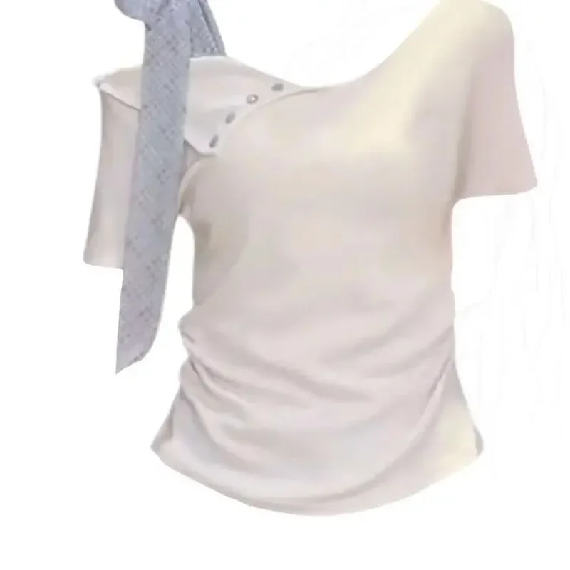 프랑스어 새로운 달콤한 불규칙한 나비 넥타이 여름 나비 티셔츠 디자인 슬림 반팔 탑