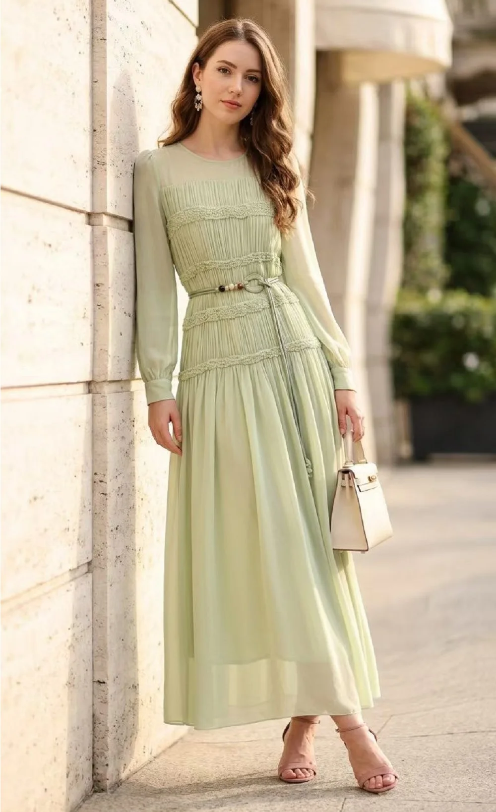 

XXXL Long Dress 2026 Spring Evening Party Women Elastic Waist Pleated Flower Belt Deco Long Sleeve Green Beige Maxi Dress Luxury