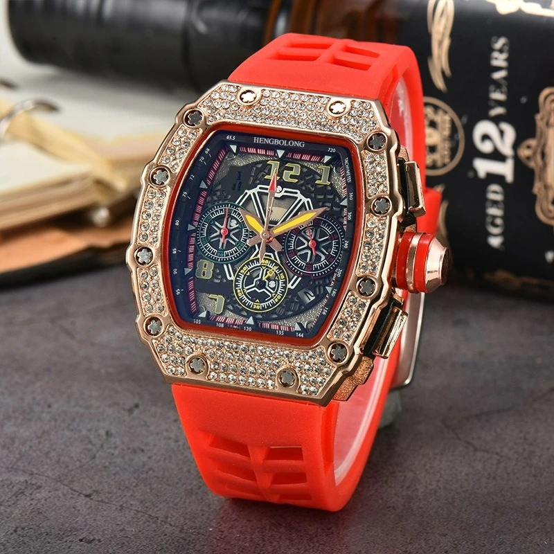 Quartz Watch Men's Foreign Trade Cross-Border Explosion Wine Barrel Diamond Watch Six-Pin Multi-Function Running Second Watch