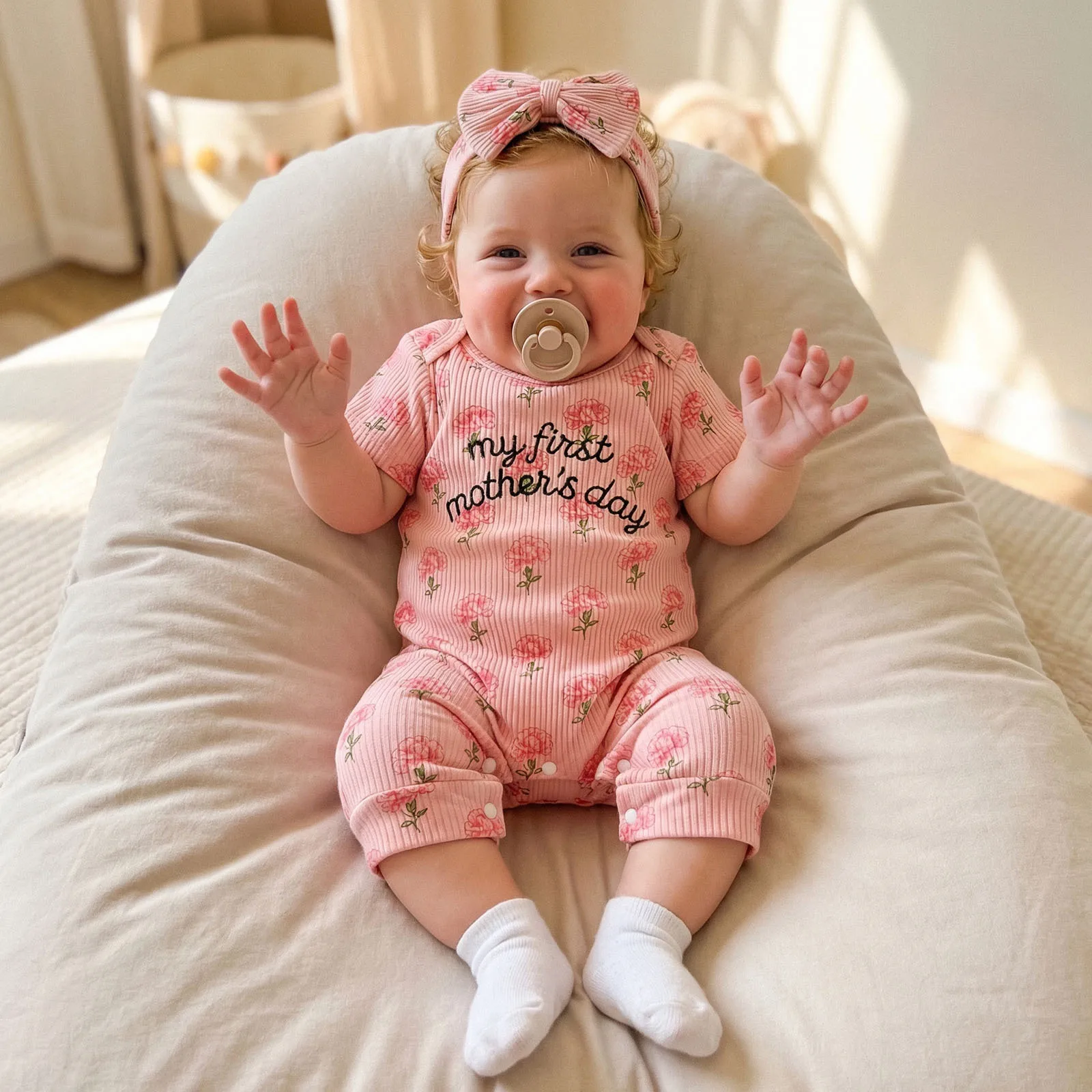 Baby Girls My First Mother's Day Rompers Flower Letter Embroidery Crew Neck Short Sleeve Playsuits Jumpsuits with Headband