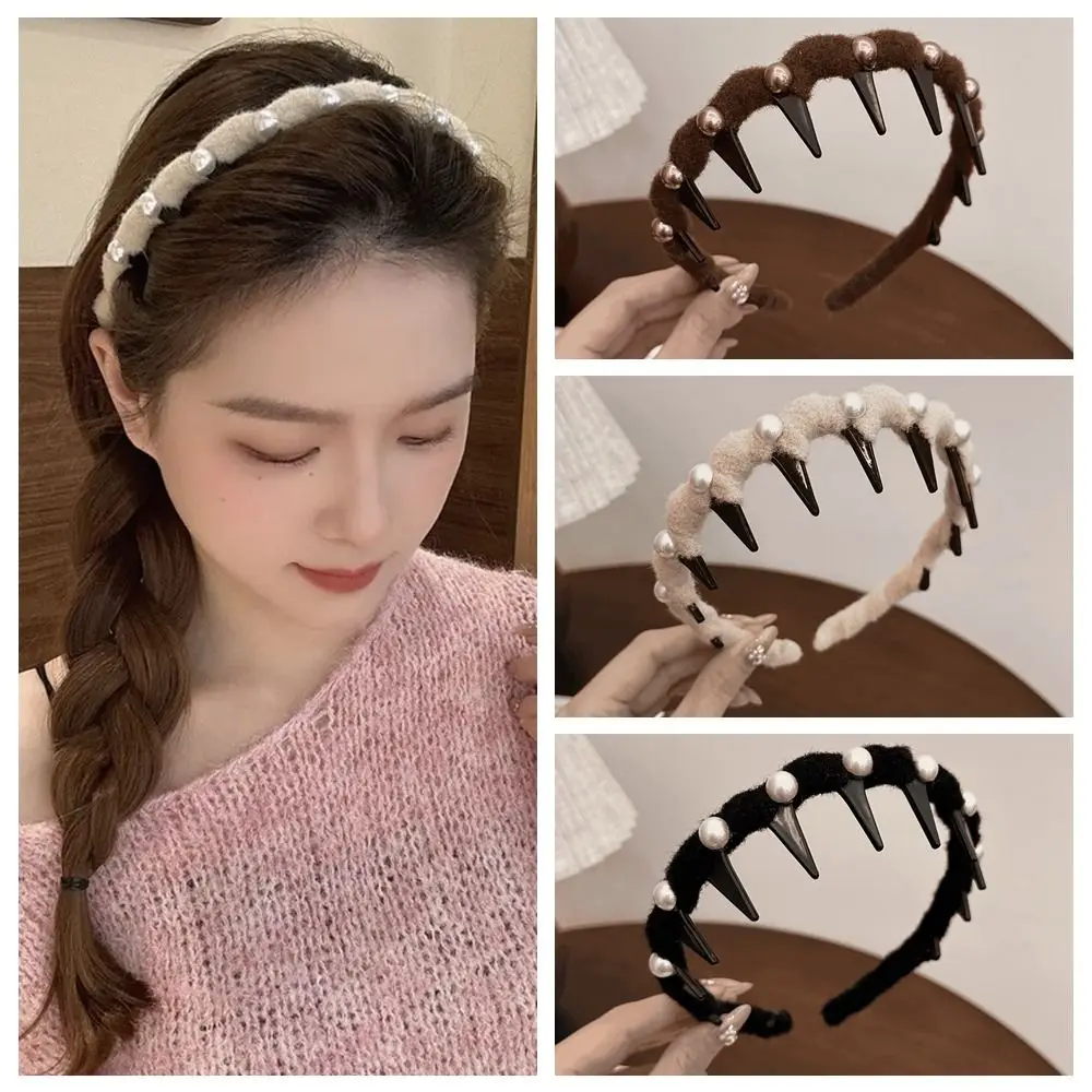 

Cute Fluffy Pearl Wave Headband Solid Color Non-Slip Plastic Hair Band Hair Hoop Beads Face Wash Hairband Travel