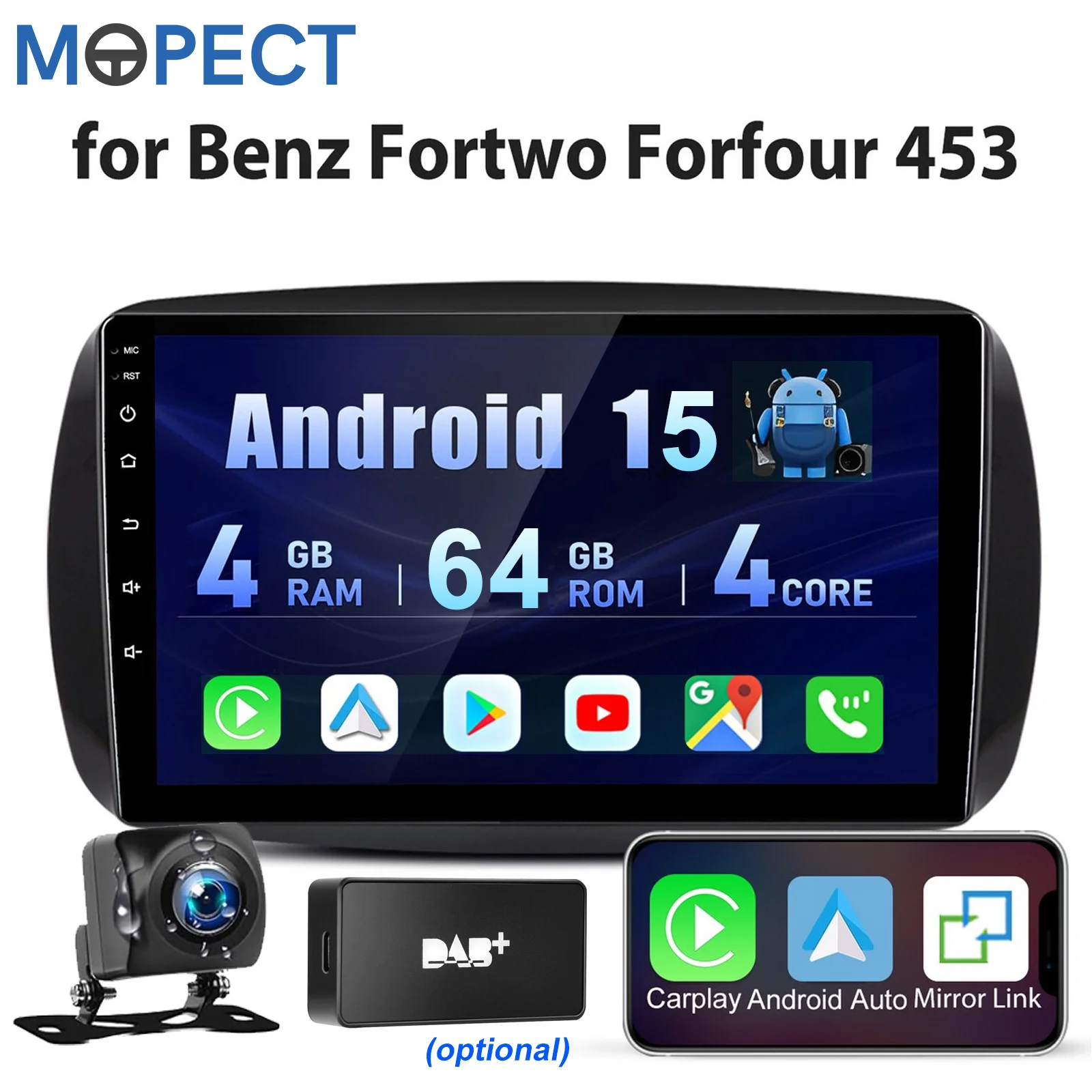 MOPECT Autoradio 9 Zoll für Mercedes Benz Smart Forfour Fortwo 453 Android15 4+64 GB / 2+32 GB GPS-Navigation WiFi AM/FM RDS Carplay