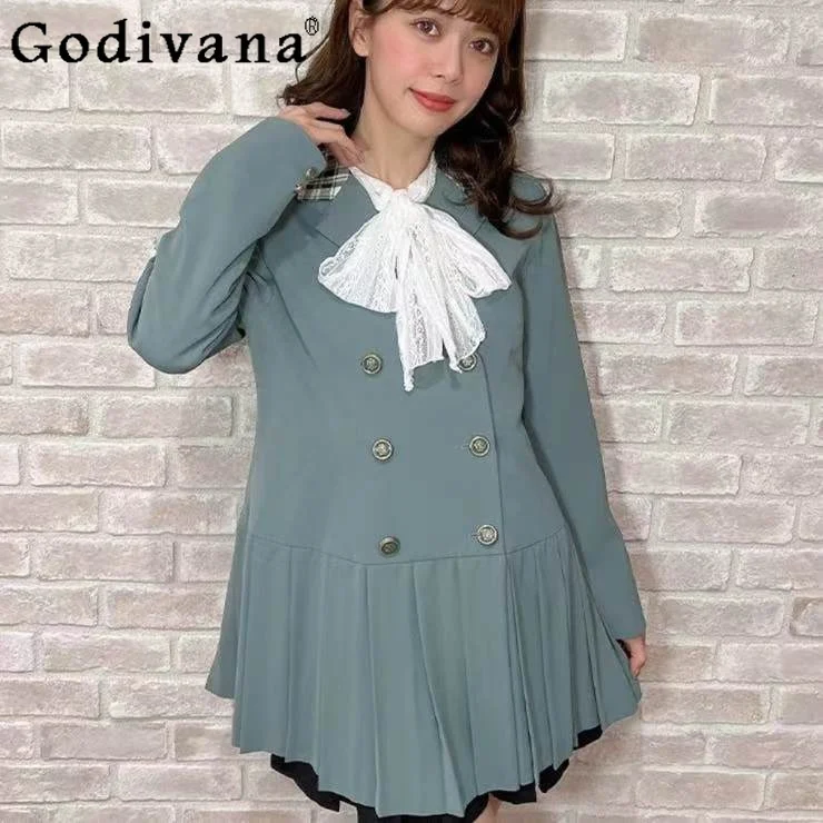 

Girly Sweet Cute Elegant Slim Double-breasted Waist Suit Pleated Dress Autumn New Fashion Office Ladies Dress Women Short Dress