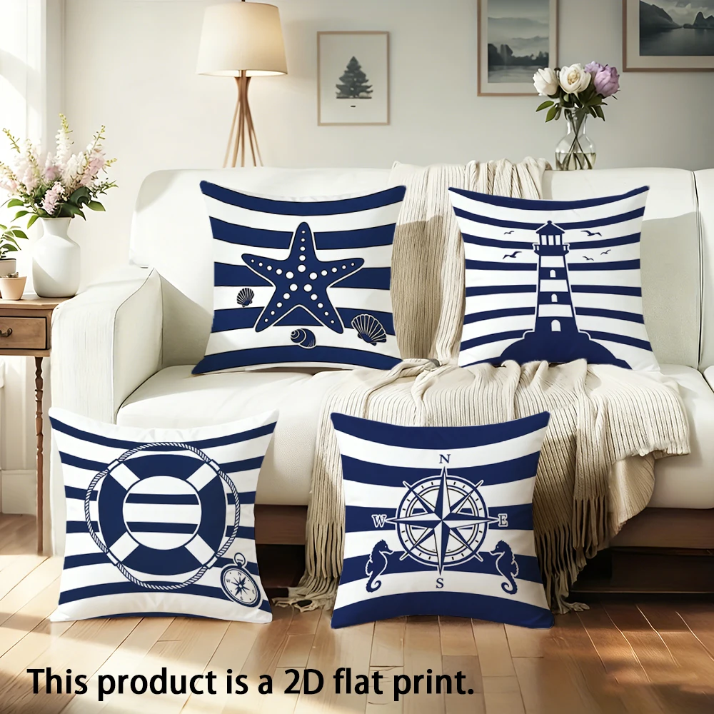1pc Nautical Coastal Pillow Covers Navy Blue White Striped Marine Pillow Cases with Compass Starfish Lighthouse Lifebuoy Designs