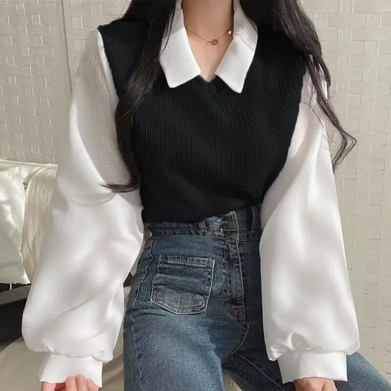 2023 Autumn Blouses Women Retro Fake Two Piece French Style Chic Long Sleeve Ladies Tops All-match Knitted Student Gentle