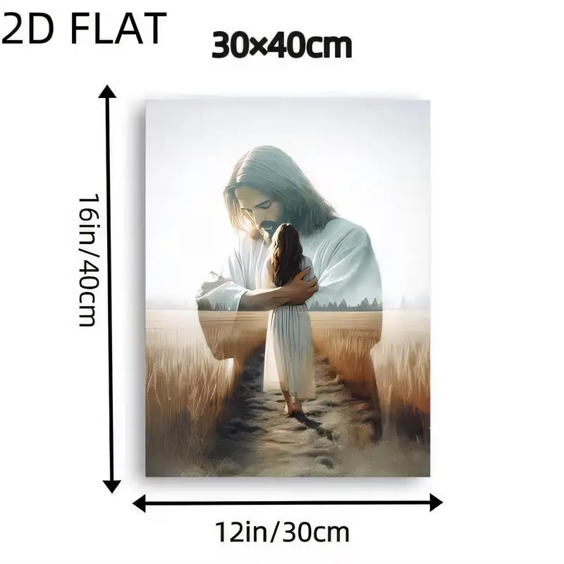 Jesus Embracing Girl Religious Metal Wall Art - 30x40cm Warm Wheat Field Path Design, White Tones, Iron Material, for Home/Bedro