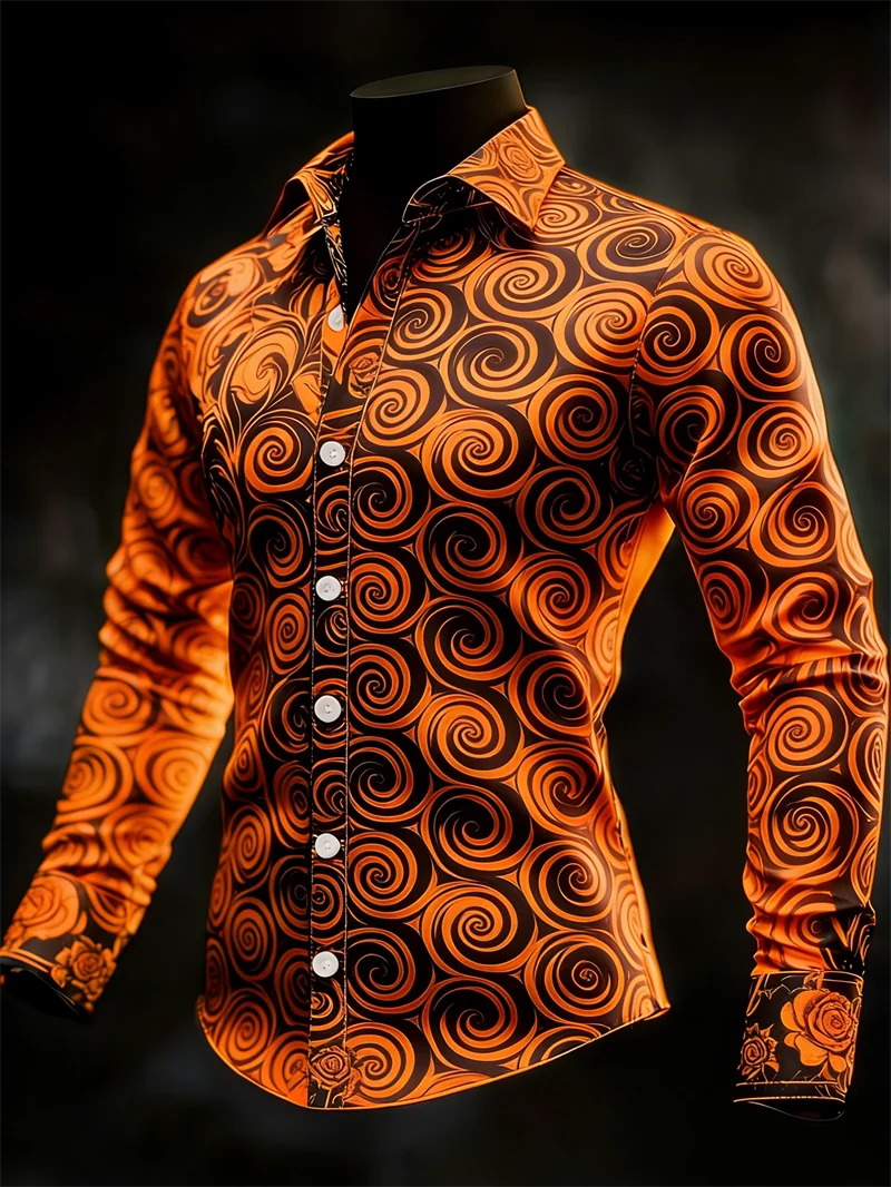 New 11 color men's long sleeved lapel shirt with fashionable 3D printed circle pattern luxurious long sleeved shirt