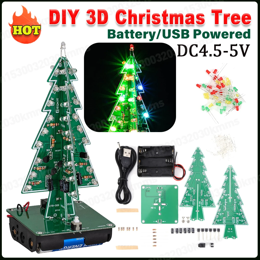 DIY 3D Christmas Tree Soldering Practice Electronic Science Assemble Kit Battery/USB Powered 3 Color/7 Color Flashing LED PCB