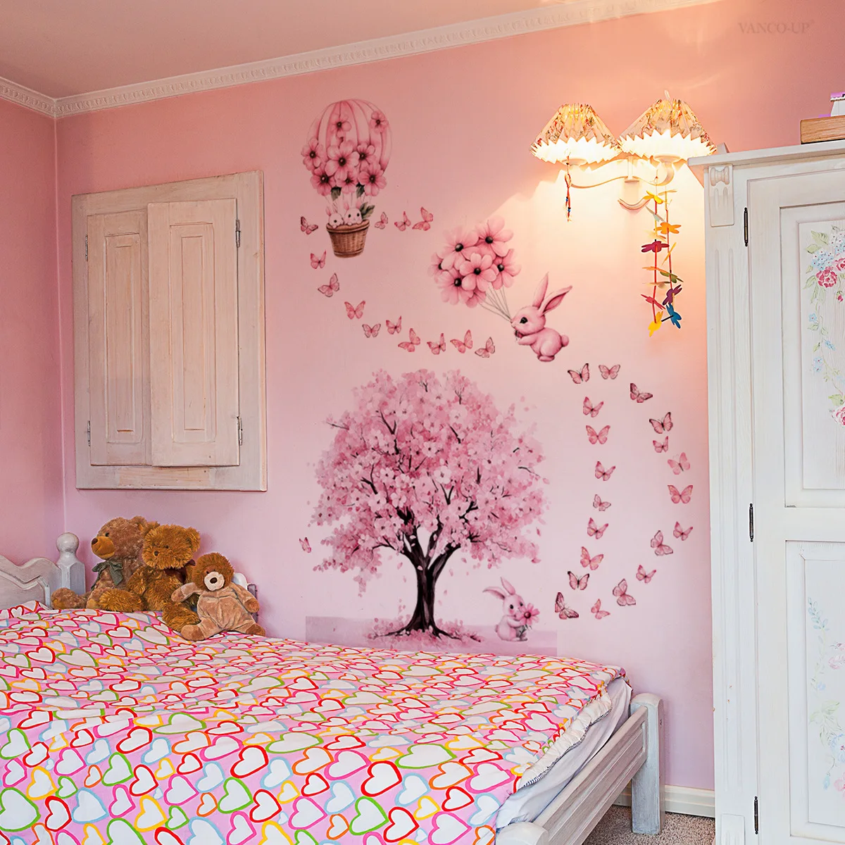 Cartoon Pink Flower Tree Rabbit Butterfly Wall Stickers For Living Room Bedroom Decor Self-adhesive Sticker Home Decoration