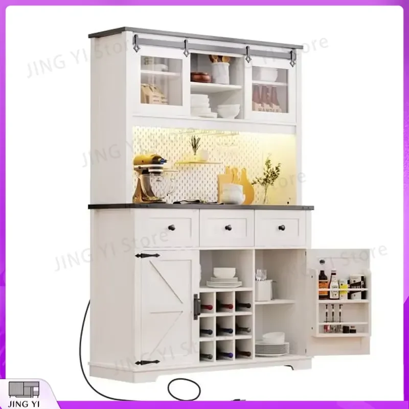 

71L White Oak Wine Cooler Refrigerator Bar Cabinet with 3 Drawers Sliding Doors Power Outlets Pin Board Wine Glass Holder