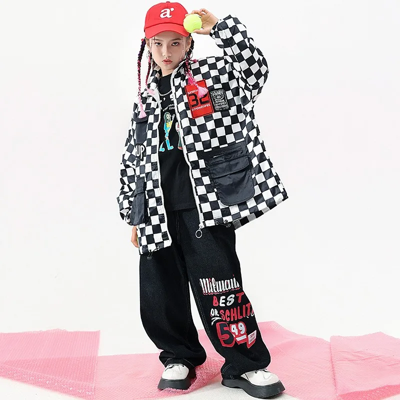 Teen Kids Street Dance Costume Hip Hop Plaid Jacket Loose Jeans Girls Jazz Checked Coat Baggy Pants Clothes Children Streetwear