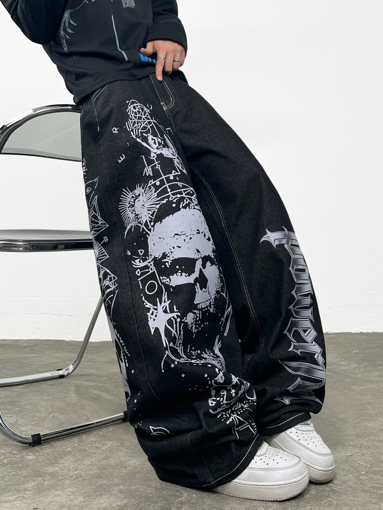 High Street Vintage Skull Letter Print Black Baggy Jeans Men Y2K Street Hip-Hop Fashion Versatile Wide-Leg Pants Halloween