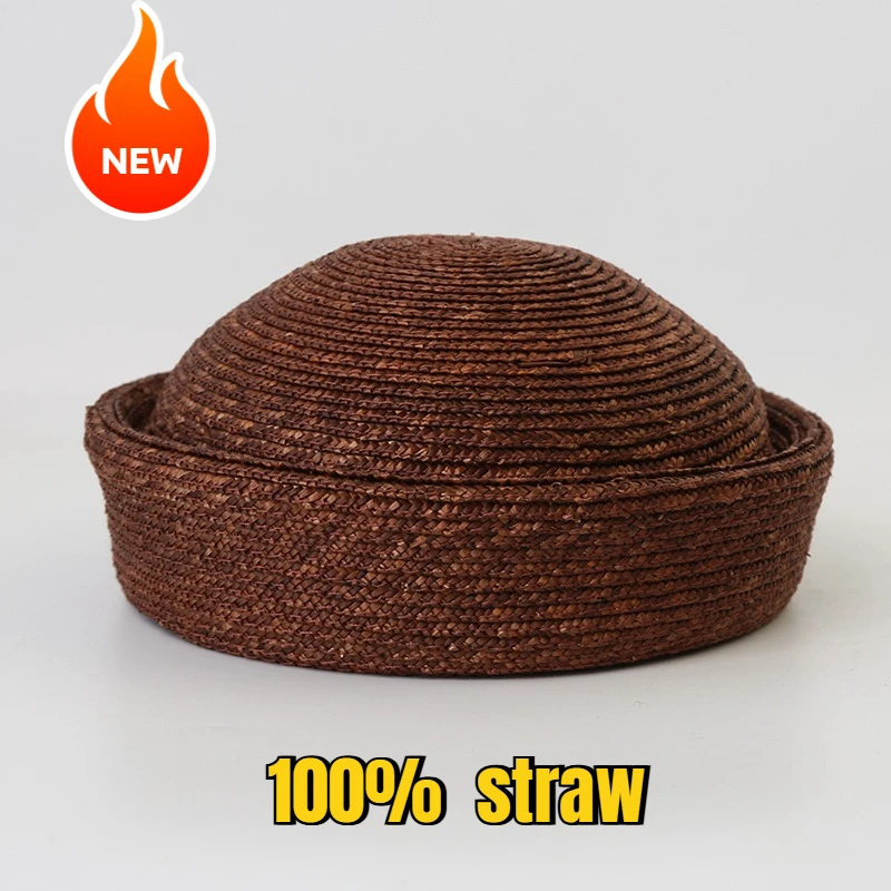 

Новая мода, летние кофейные береты из натуральной соломы, женская ручная работа, плоская шляпа от солнца, круглая вогнутая шляпа, церковная дерби, вечерние пляжные шляпы