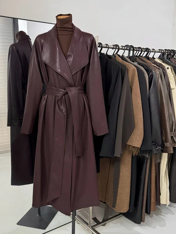 Ele Langer Leder-Jaset-Mantel mit tailliertem, knielangem Design und großem Kragen, Herbst-Winter-Neuheit für Damen