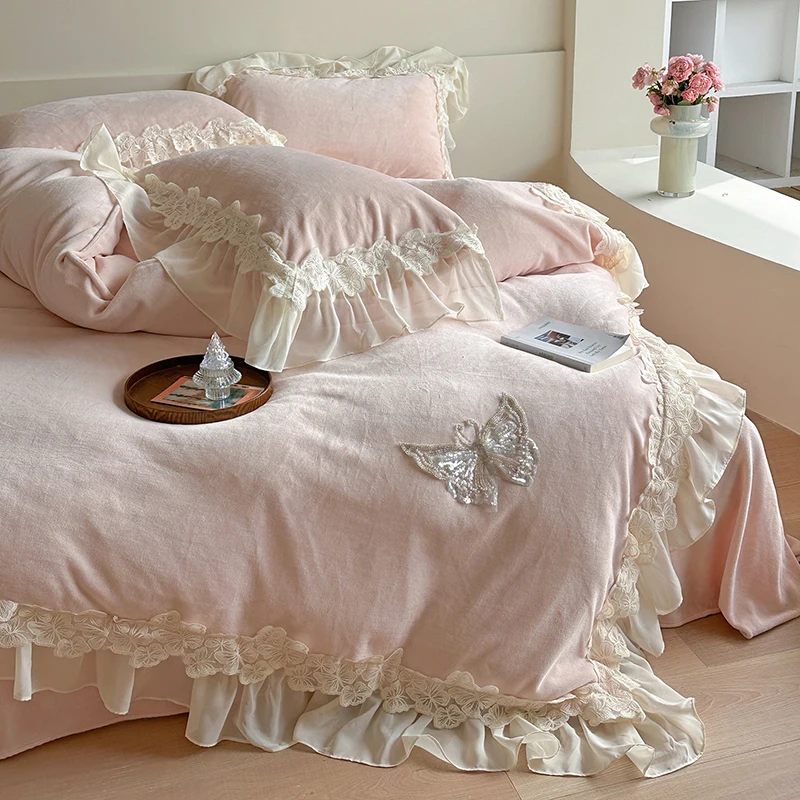 Velvet Fleece Bedding Set, Duvet Cover Set, Bed Sheet, Pillowcases, Butterfly Embroidery, French Hollow Lace, Ruffles, Handwork