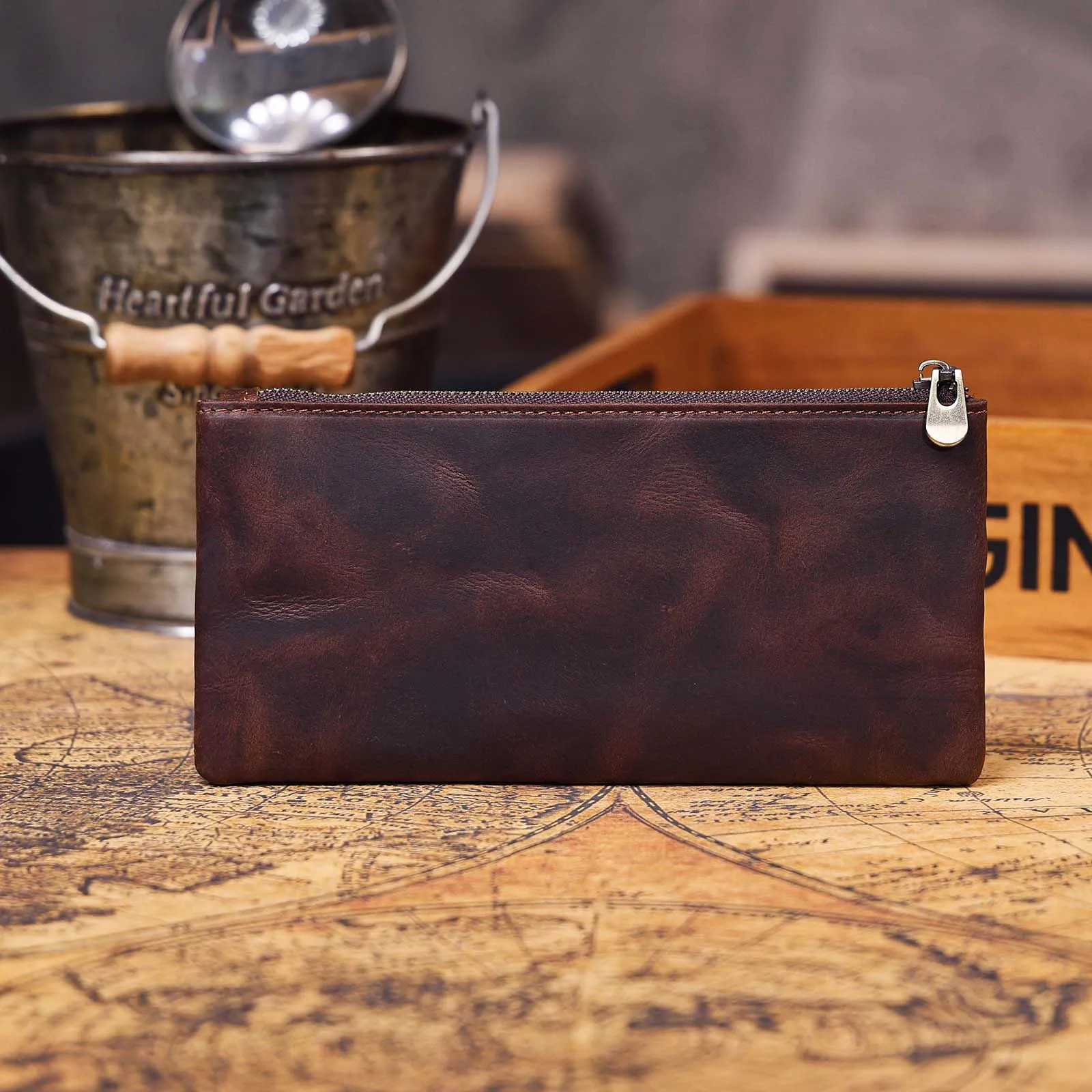 S.WORKER Vintage Crazy Horse Leder Geldbörse Handgefertigte Herren Echtleder Lange Brieftasche Clutch für Handy, Bargeld und Kartenhalter – Detail 5
