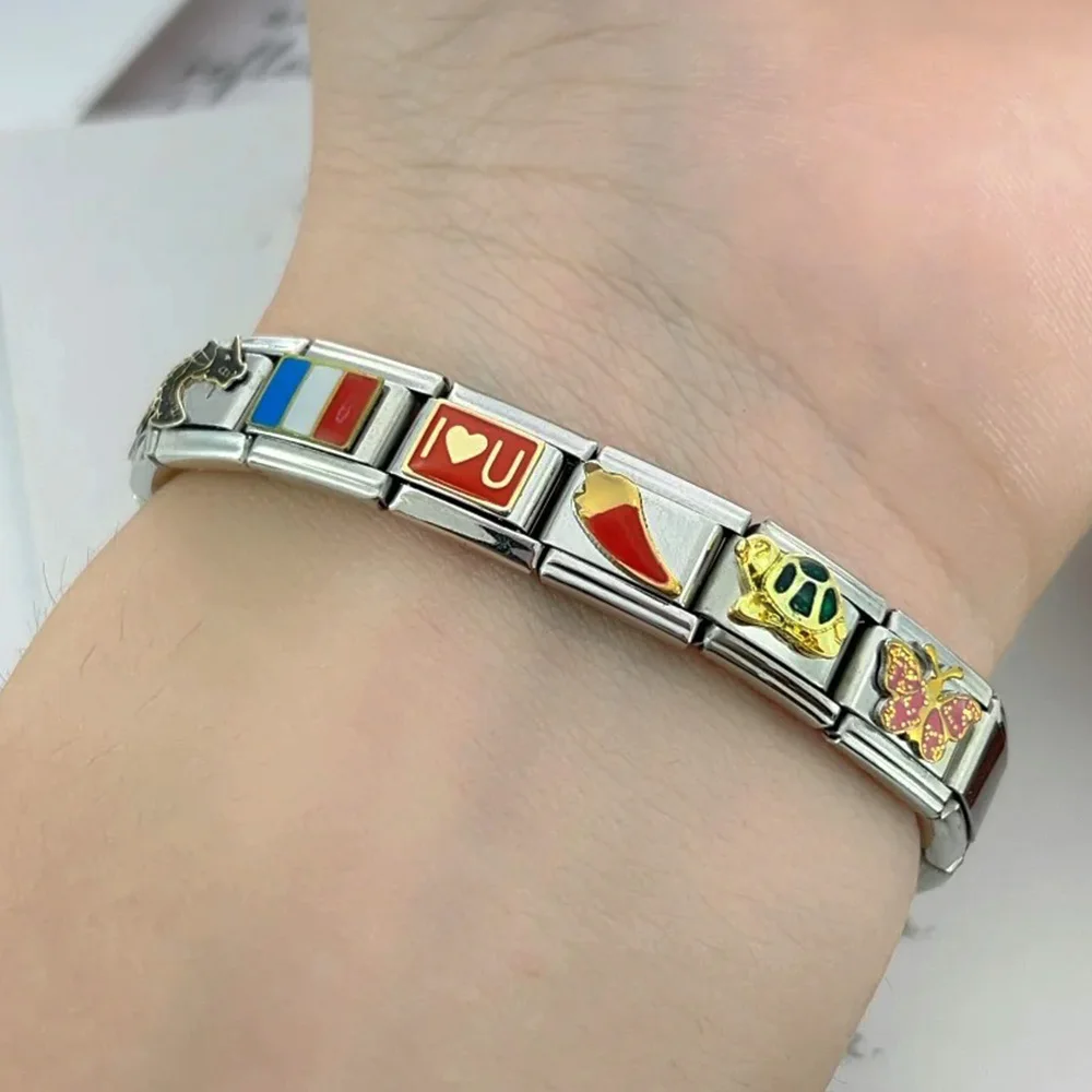 1pc New Fashion Loong Flag Motorcycle Women Hand Chain Charm Italian Links Fit 9mm Bracelet Stainless Steel Jewelry DIY Making