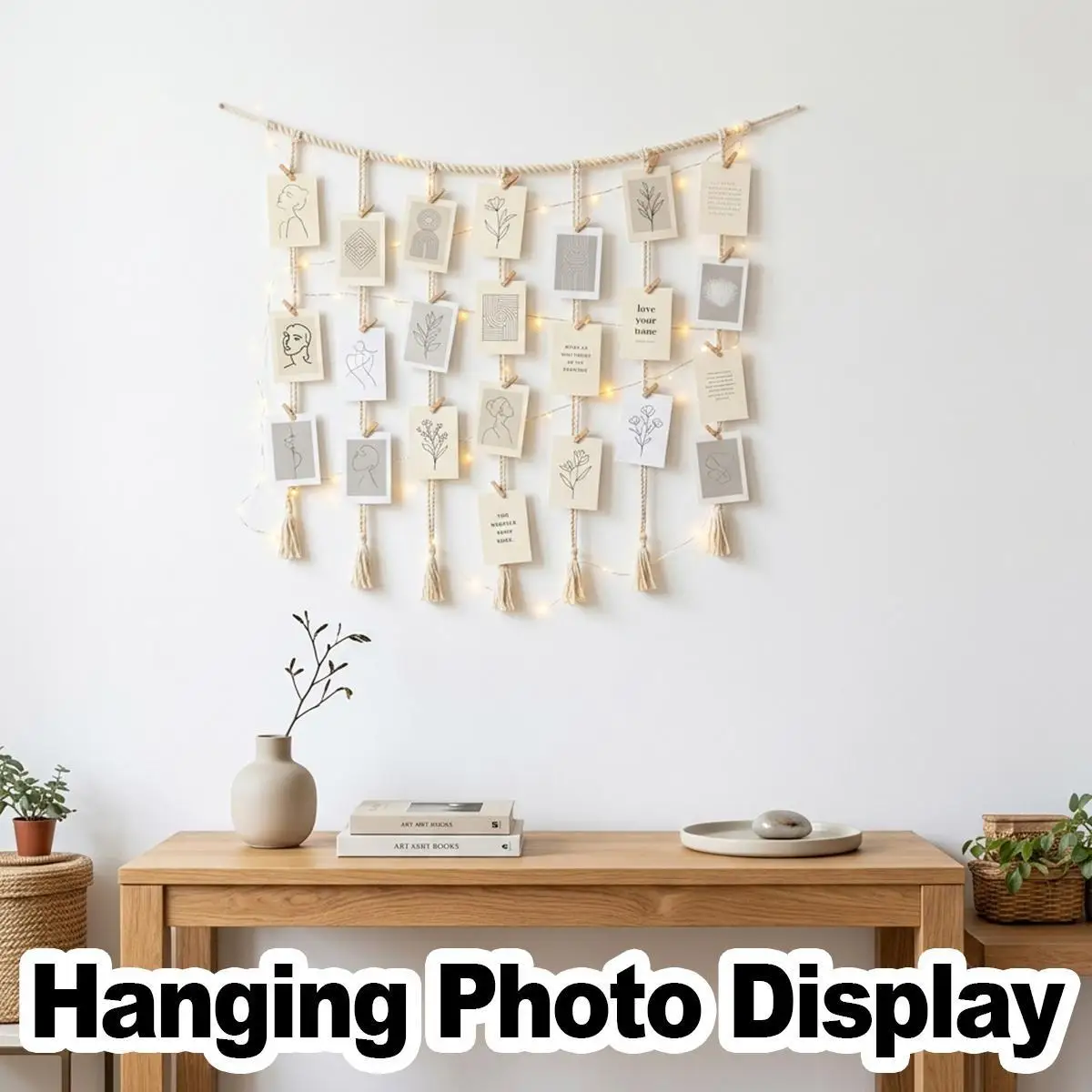 Woven Tassel Photo Display Wood Clip Picture Frame Macrame Wire Holder String Light Boho Room Decor Wood Bead Wall Art Gift Art