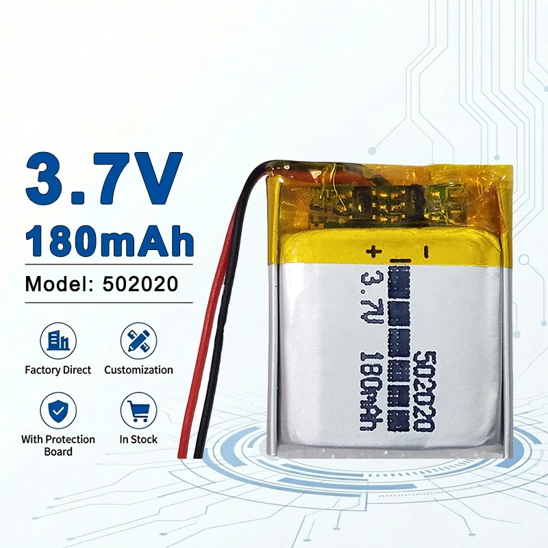 502020 3.7V 180mAh Rechargeable Lithium Polymer Battery for Small Smart Wearables and Compact Electronic Gadgets 502030 502035