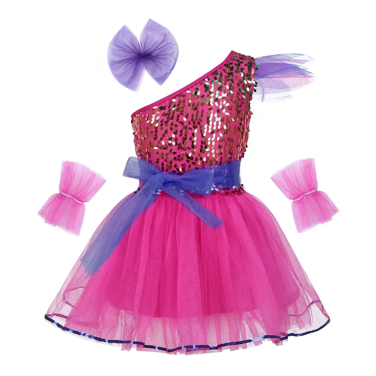 Sequined Hip Hop Dance Outfits Kids Girls One-Shoulder Ballet Tutu Mesh Dress Modern Latin Jazz Contemporary Dance Costume Set