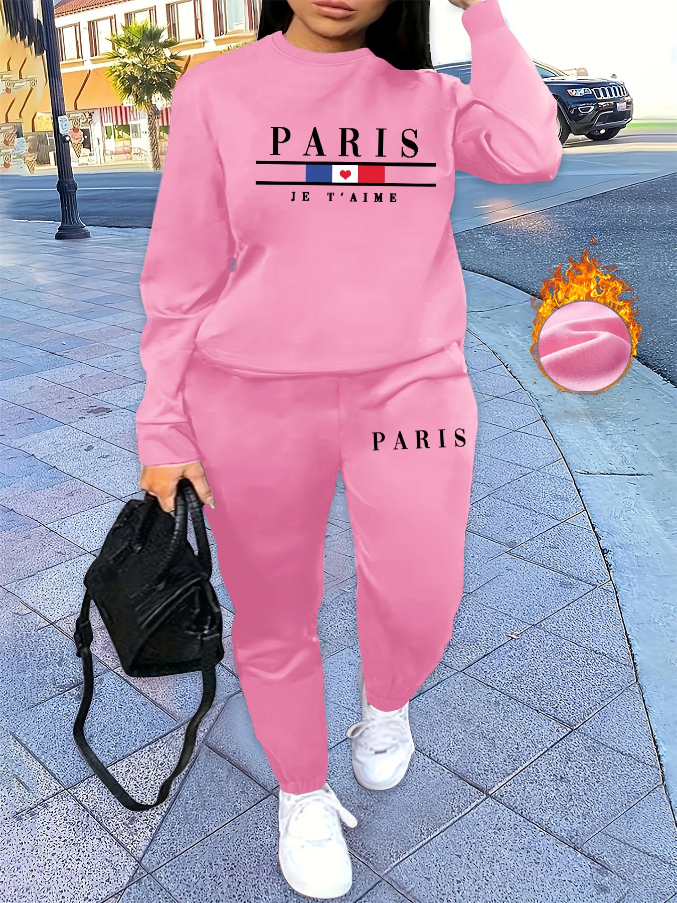 Femmes automne et hiver hip-hop décontracté Paris lettre motif imprimé col rond chemise de sport + pantalon de sport ensemble vêtements chauds