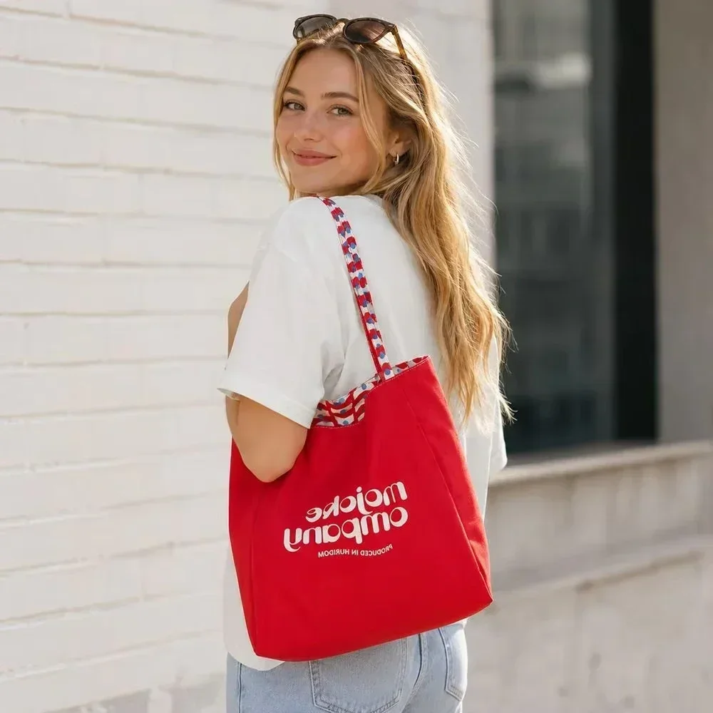 Trendy Double-Sided Shoulder Women's Bag Checks Pattern Simple Sweet Cross-border Tote Bag Ethnic Style Cotton Bucket Shape