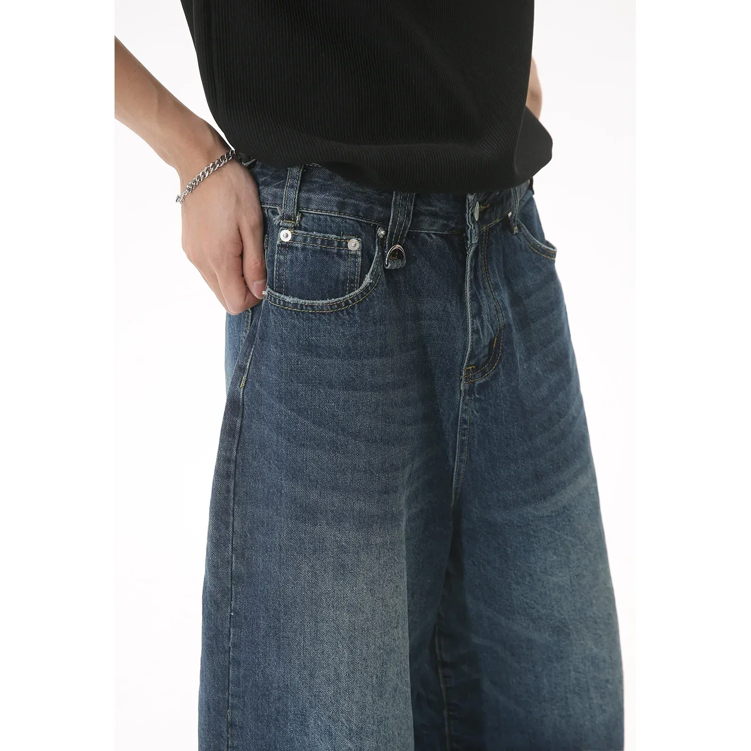 Letnie szerokie jeansowe szorty męskie, elastyczne jeansowe szorty męskie, designerskie szorty streetwearowe męskie, codzienne spodnie do połowy łydki.