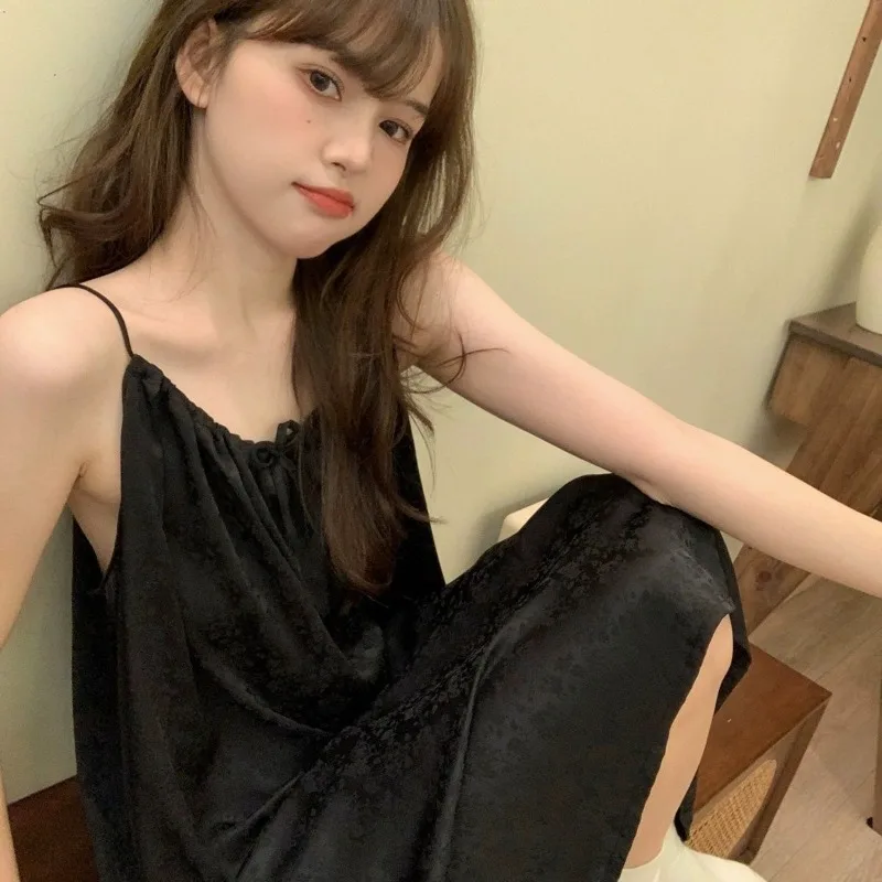 Summer  Suspender Pajamas Women's Ice Silk Backless Pure Desire Wind Loose Sweet Cute Nightdress Loungewear Quick-dry Underwear