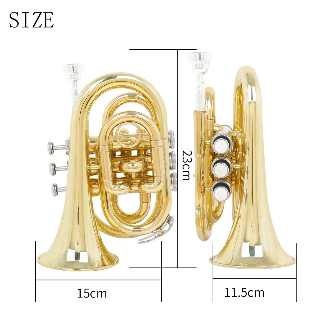 SLADE Pocket Trumpet Bb Tune Gold Brass Body Mini Cornet Brass Instrument with Strap Glove Wipe Cloth Rope Brush Accessories view 5