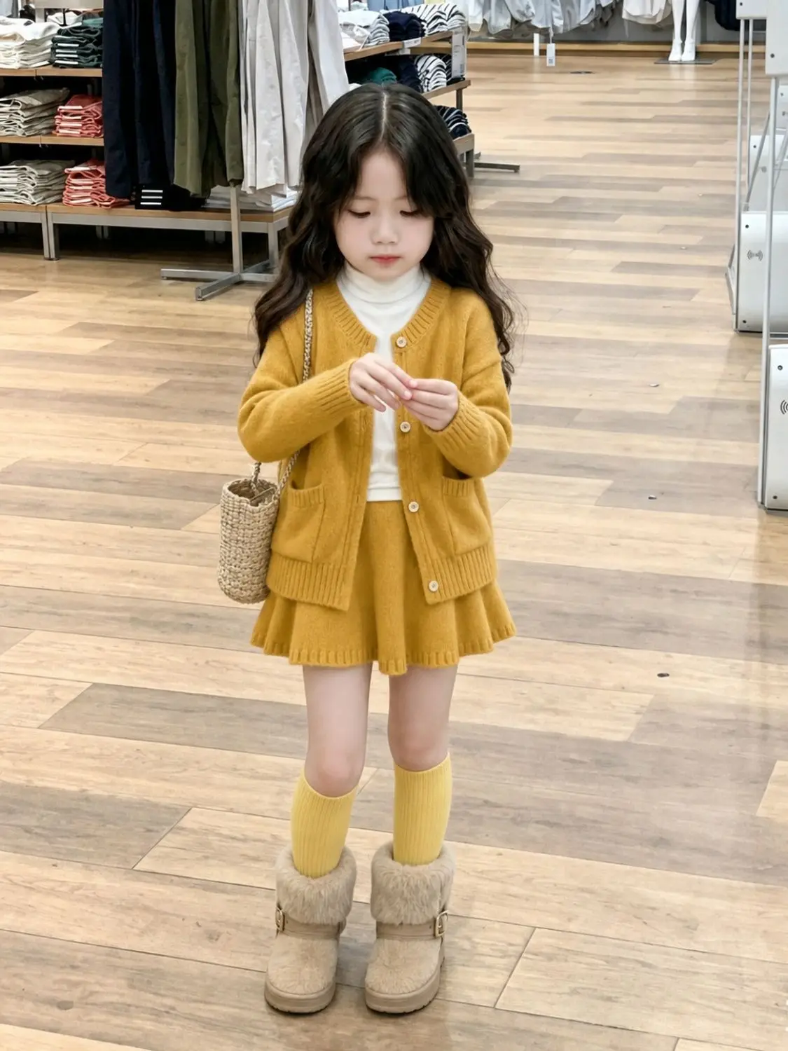 Girls Set Spring Autumn New Sweet Retro Yellow Knitted Sweater Cardigan Half Skirt Two-Piece Set Children's Fashion Outfit