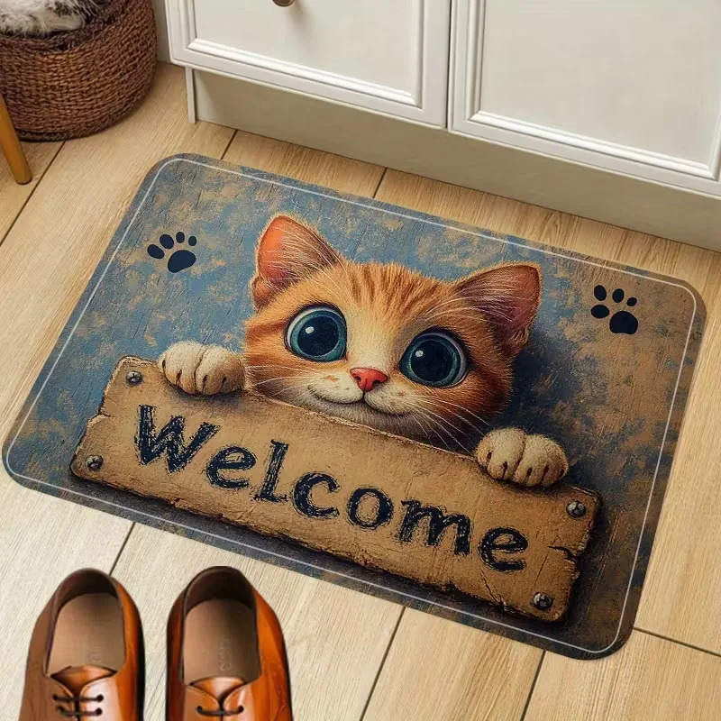 Welcome Doormat for Cat Lovers Orange Cat Welcome Mat with Cute Kitten Graphic Non Slip Floor Mat Gift for Pet Owners