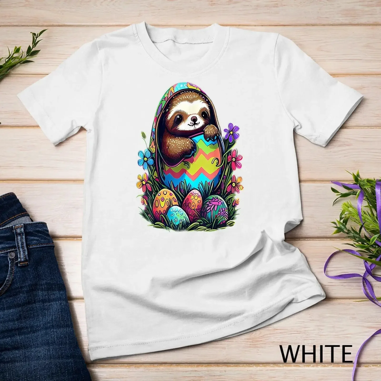 Cute and colorful Easter Art with charming Sloth T Shirt  vintage Washed Breathable Stretched Soft Stylish fashion Comfortable