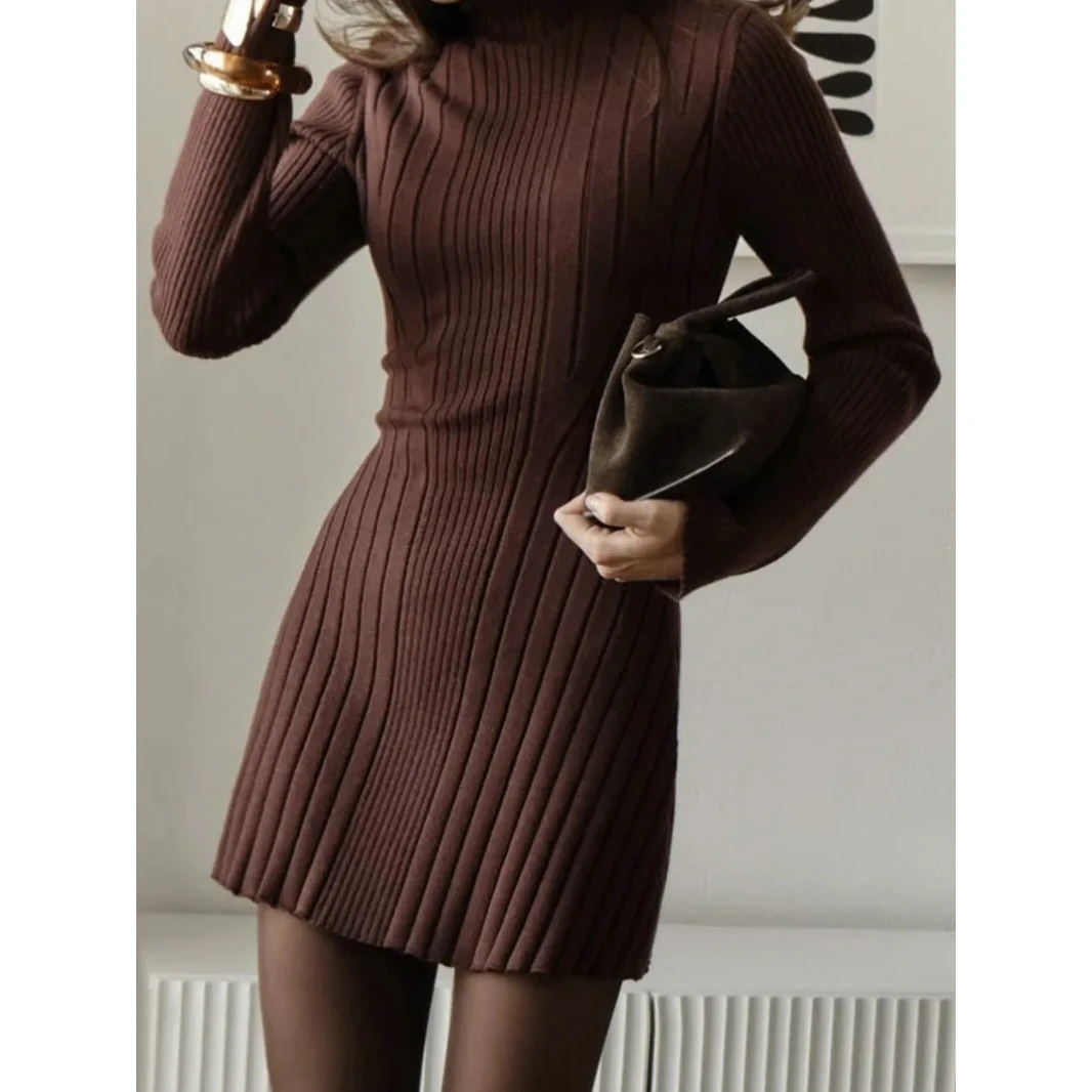 

2025 New Sle Long Sve Knitted Tight Fit Dr High Collar Wrap around Pure Color Commute Faion Women's Knitted Dr